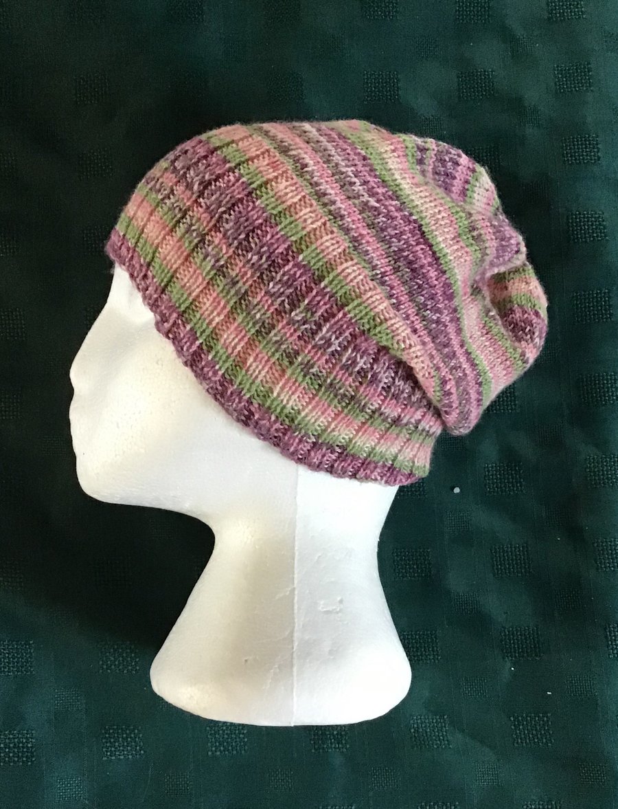 Beanie Hat Purple Pink Green Striped Bamboo Yarn 