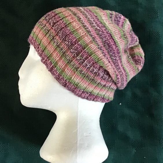 Beanie Hat Purple Pink Green Striped Bamboo Yarn 