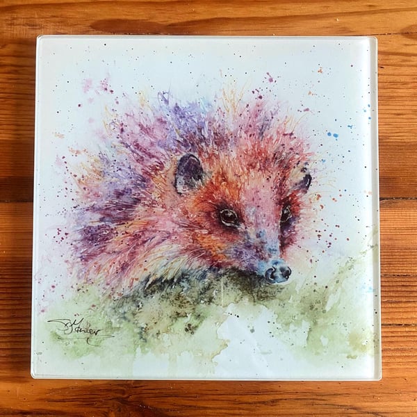 Holly Blue Hedgehog Watercolour Glass Trivet, Hedgehog Table Mat, 20cm square 
