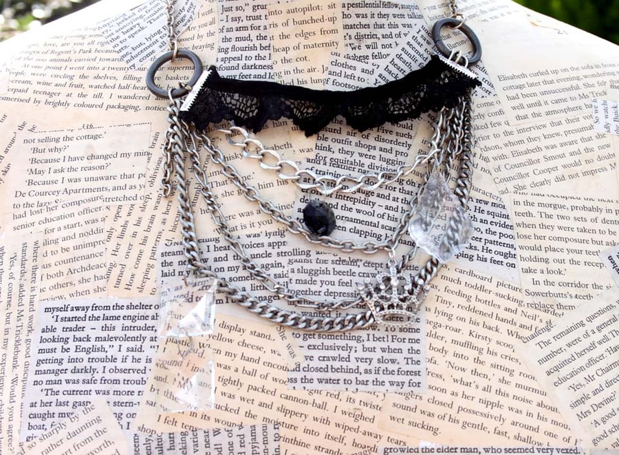 Black Lace Rock and Roll Multi Chain Crystal Crown Charm Silver Necklace