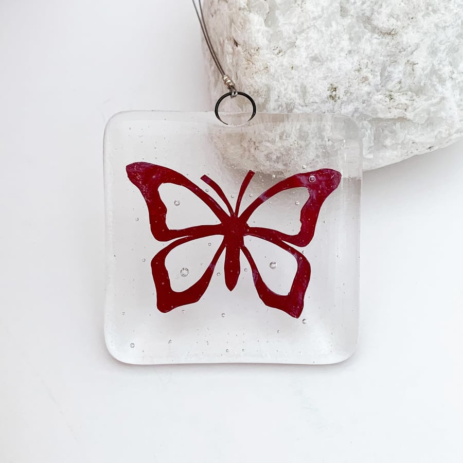 Fused Glass Copper Butterfly Hanging - Handmade Glass Decoration