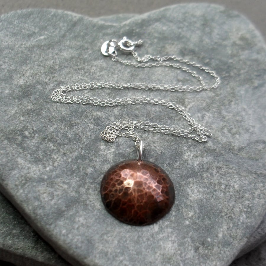 Small Oxidised Copper Domed Disc Pendant With Sterling Silver Chain 