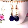 Dark Blue Earrings, Czech Glass Drop Beads, Indigo Blue, Gold Wires, Elegant