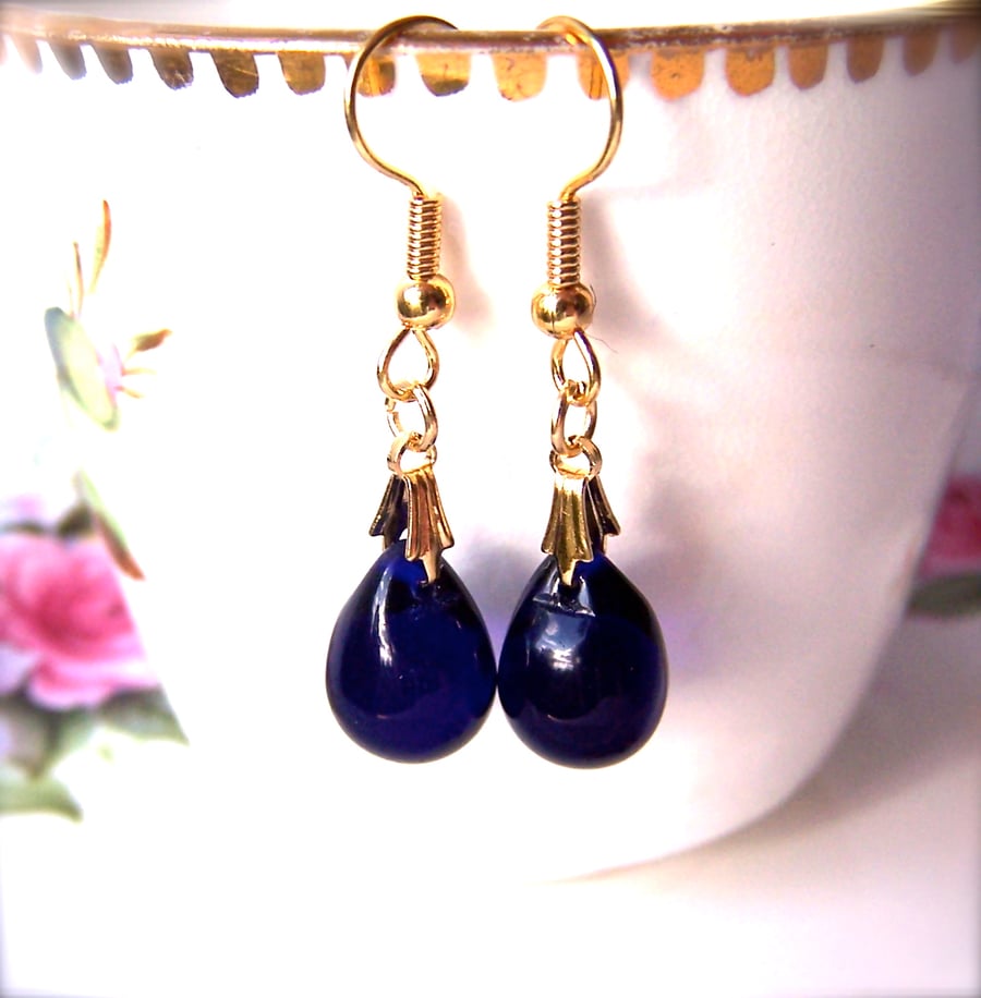 Dark Blue Earrings, Czech Glass Earrings, Indigo Blue Teardrop Beads, Elegant