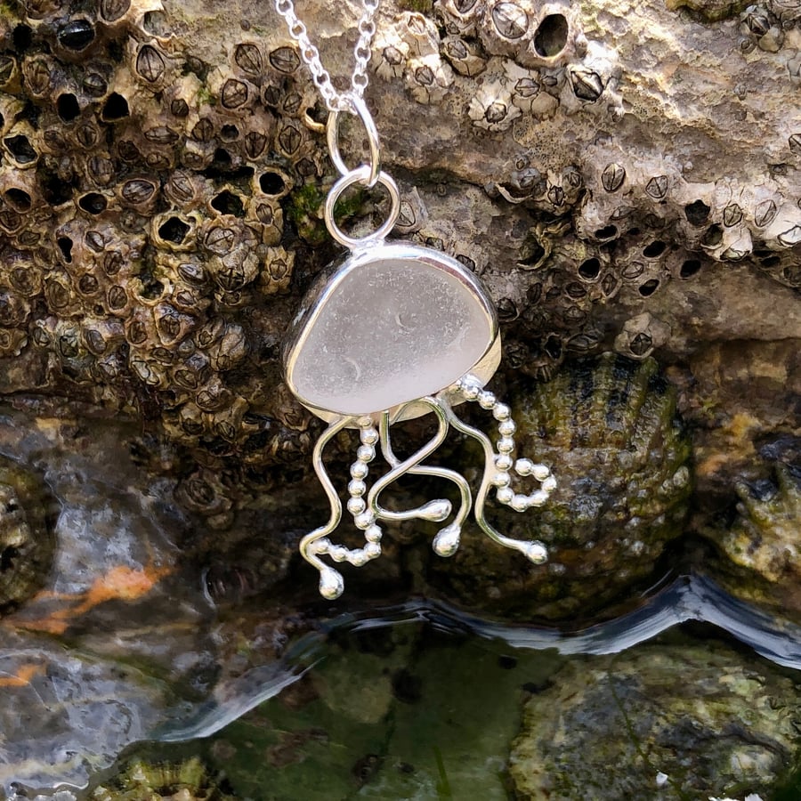 Warm Grey Sea Glass and Sterling Silver Jelly Fish Pendant - 1081
