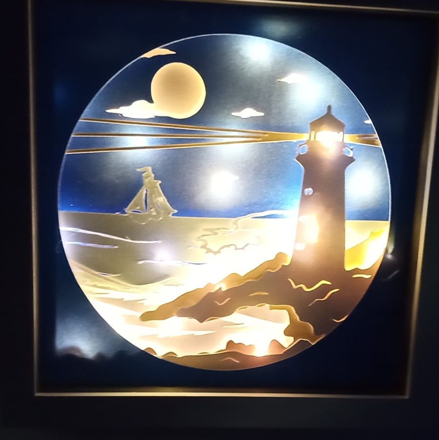  Lighthouse and sailing ship, Night Light, Light Box, Made in Scotland,Gift Idea