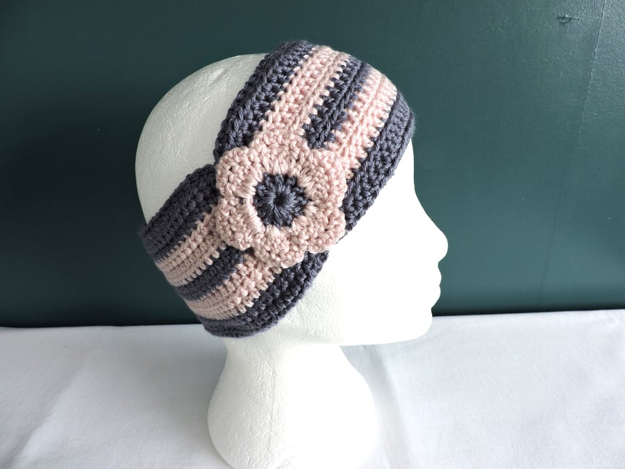  Head Band, Ski Band  Crocheted in Grey and Pink