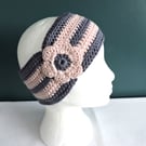  Head Band, Ski Band  Crocheted in Grey and Pink
