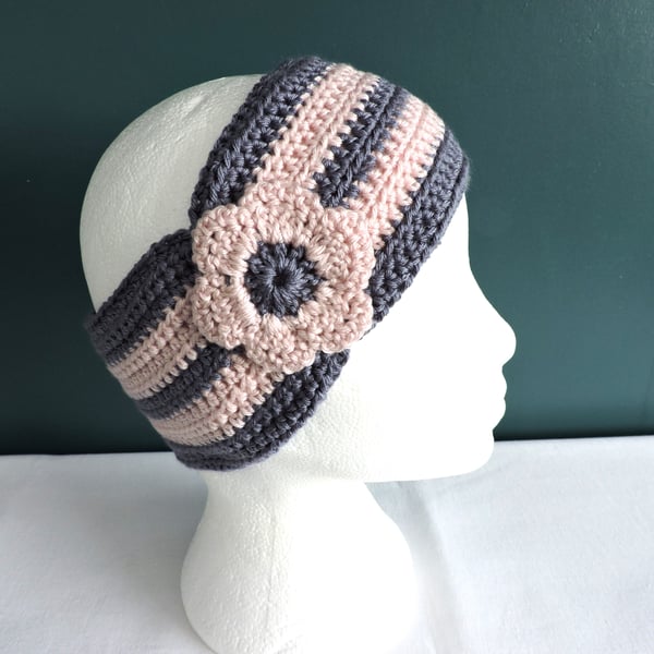  Head Band, Ski Band  Crocheted in Grey and Pink