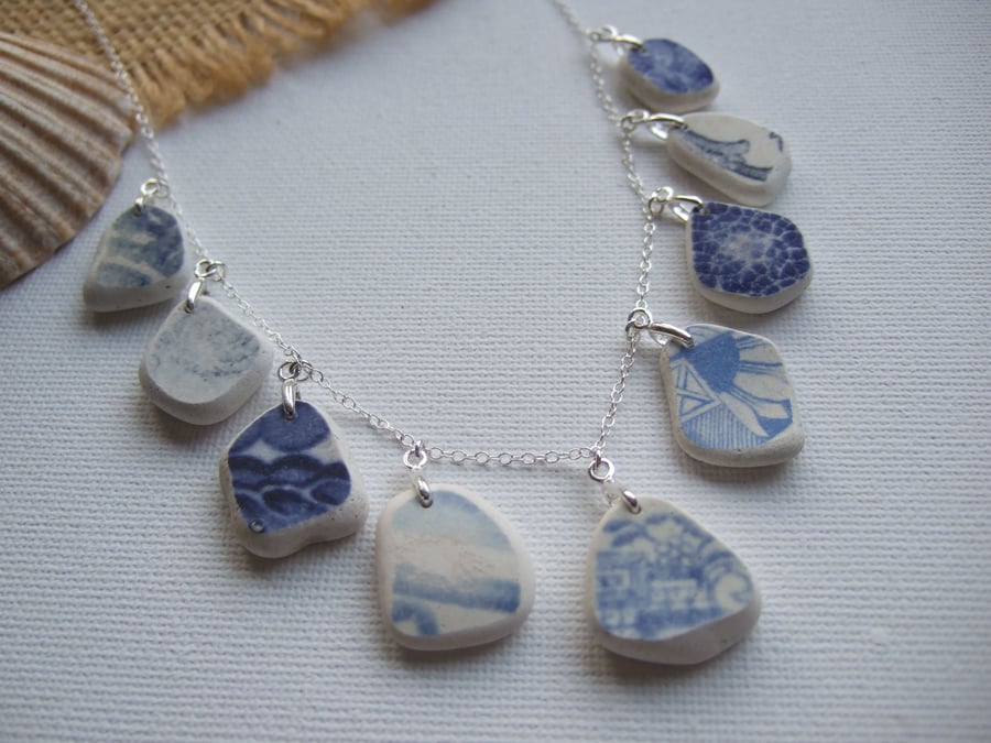 Scottish sea pottery necklace, beach pottery jewellery, blue willow 18"