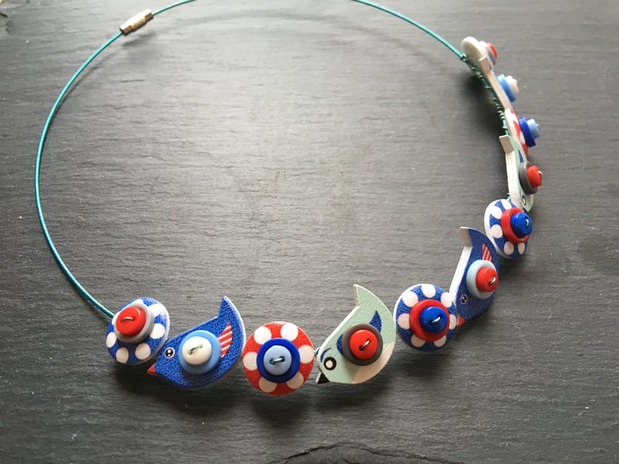 Button Necklace Blue and RedBirds