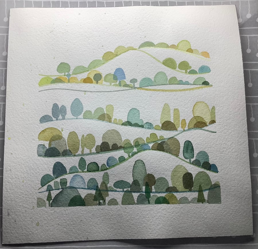  Original semi abstract little water colour painting with a Yorkshire hillside