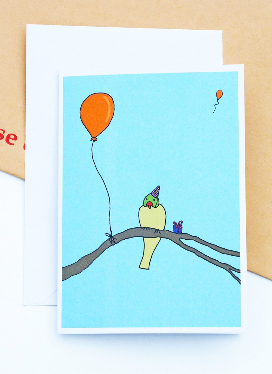 Parakeet in a party hat with balloons Illustration A6 Greetings Card