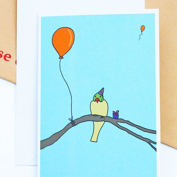 Parakeet in a party hat with balloons Illustration A6 Greetings Card