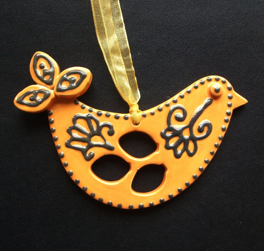 ceramic folk art bright orange bird decoration 