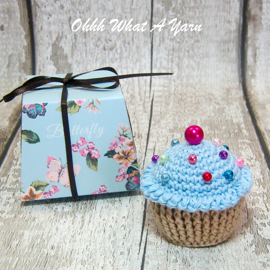 Crochet blue cupcake decoration, bag charm, pin cushion