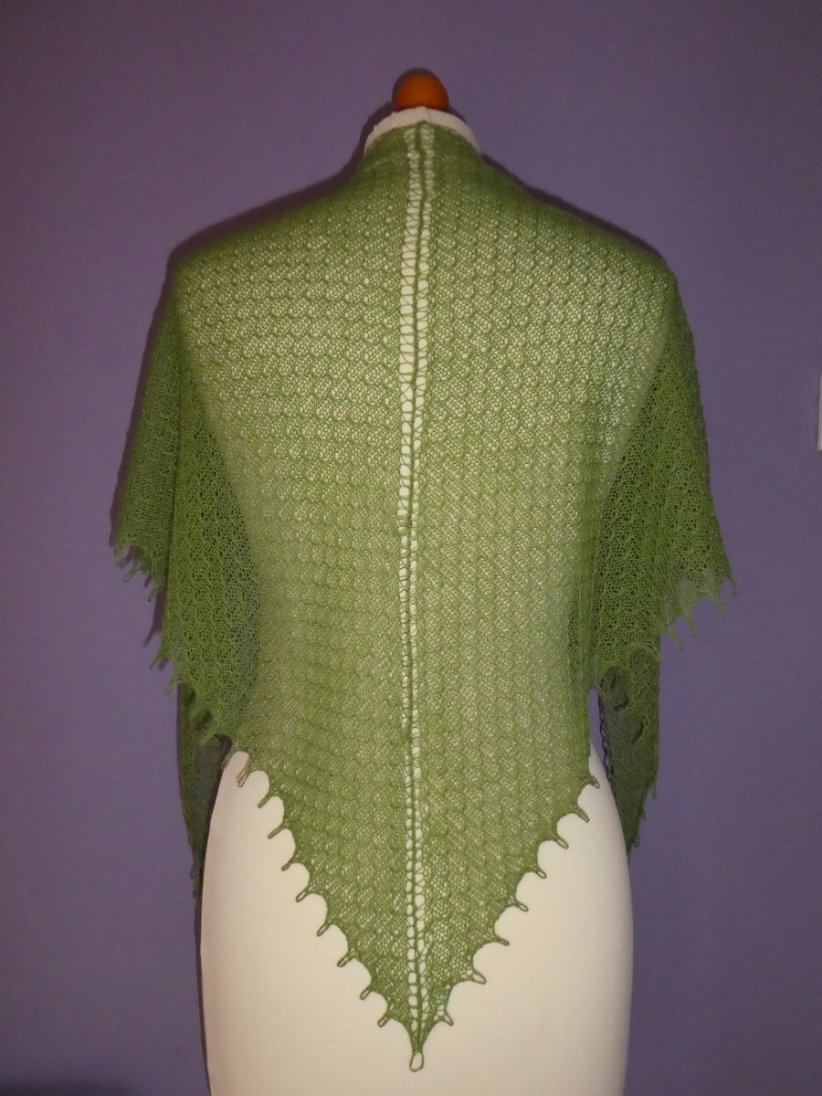 Shawl Triangular Scarf  in Apple Green Colour Merino and Angora Lace Weight Yarn