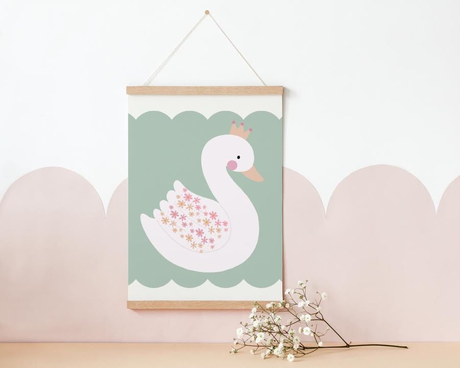 Pretty floral swan print for girls bedroom, nursery or playroom, girls wall deco