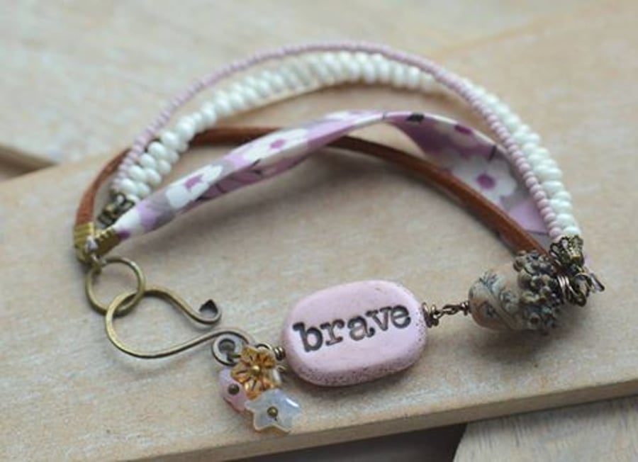 "Brave" Clay, Lampwork Glass Acorn, Flower, Ribbon & Bead Bracelet