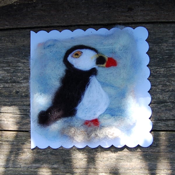 Birthday Card - Puffin, Needle felt card, wool card, wool painting, textile art