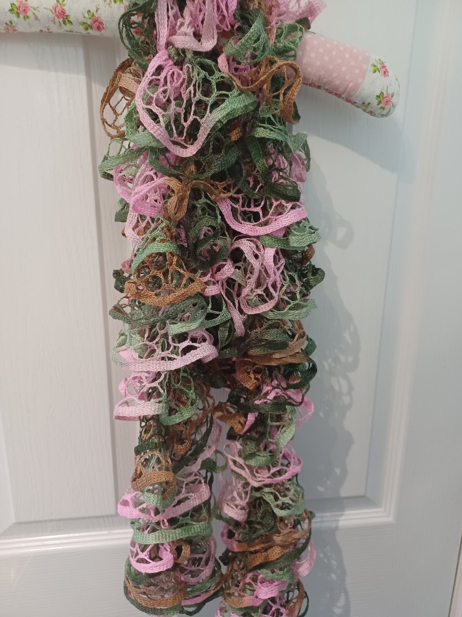 Light Brown, Olive, Light Green and Candy Pink Lacy Effect Scarf