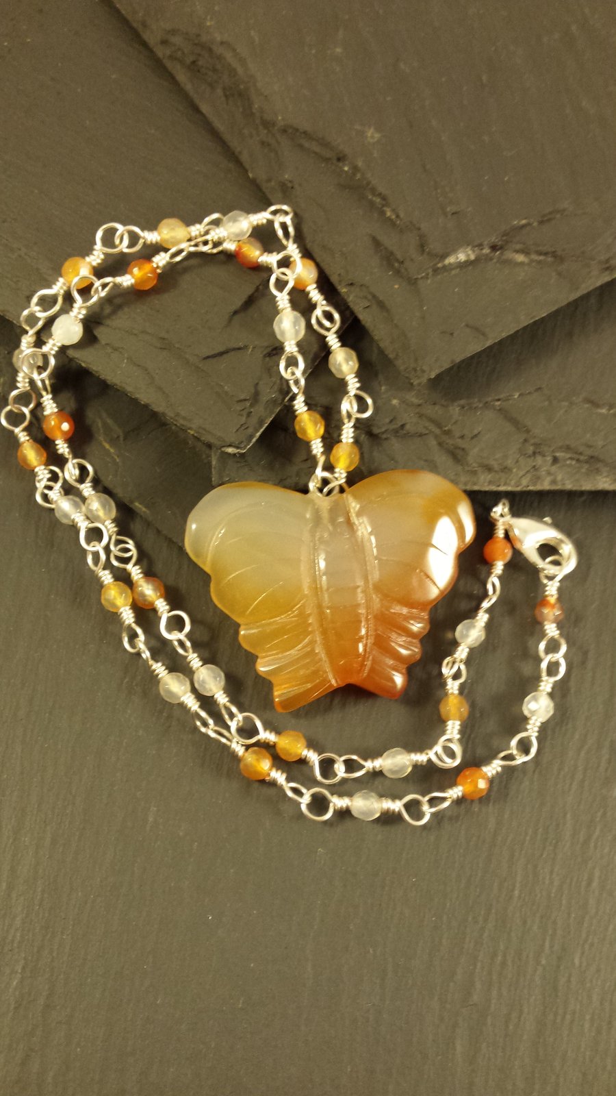 Carnelian Butterfly and Rosary Link Necklace