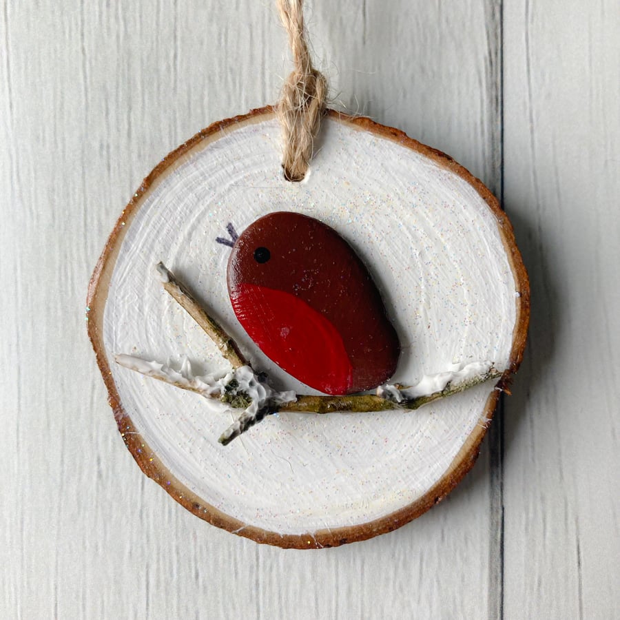 Rustic hanging Robin on a twig Christmas decoration made in Cornwall 