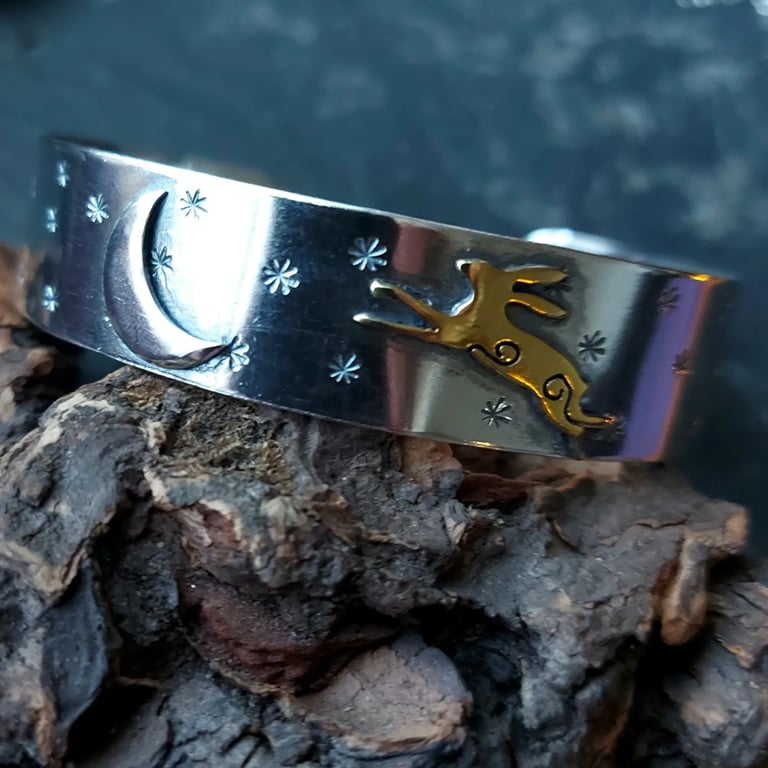 Silver Hare and Moon cuff with brass hare and stars
