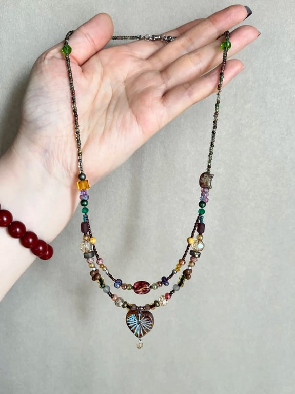 Multicolour Double-Strand Beaded Necklace with Radiating Heart Pendant