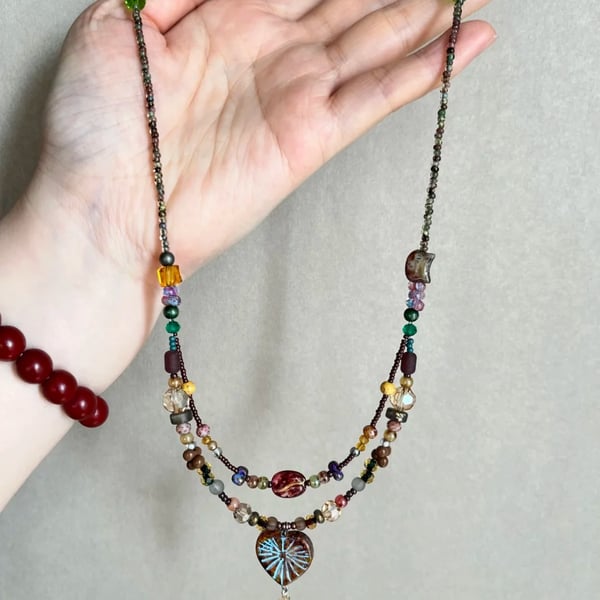 Multicolour Double-Strand Beaded Necklace with Radiating Heart Pendant