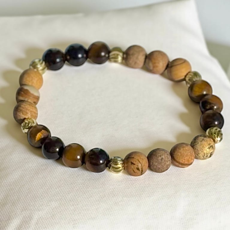 Unisex Stretch Bracelet with Tigers Eye and Matt Picture Jasper