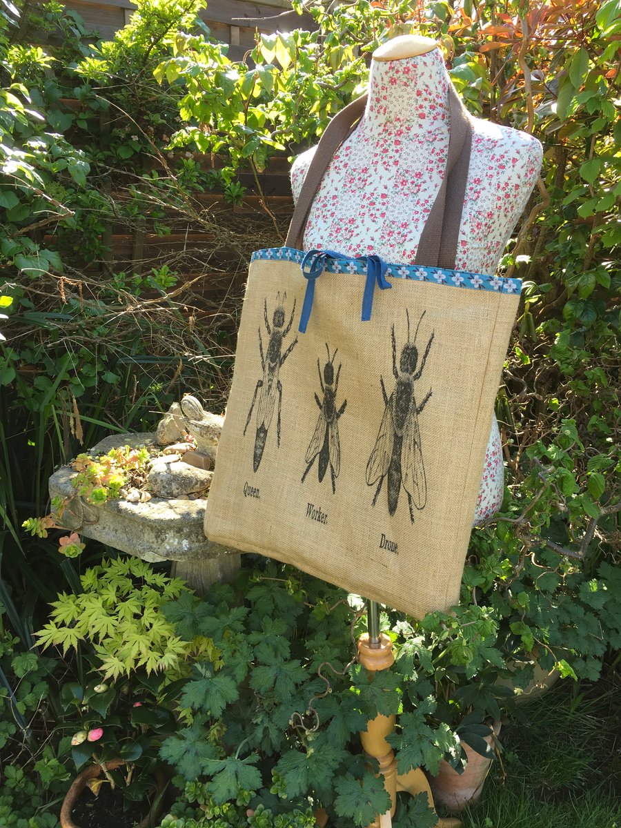 Large Tote Bag. Bee print jute shopper bag. FREE UK P&P. 