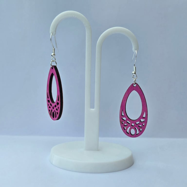 Hand Painted Wooden Teardrop Earrings Sterling Silver Hooks – Lightweight
