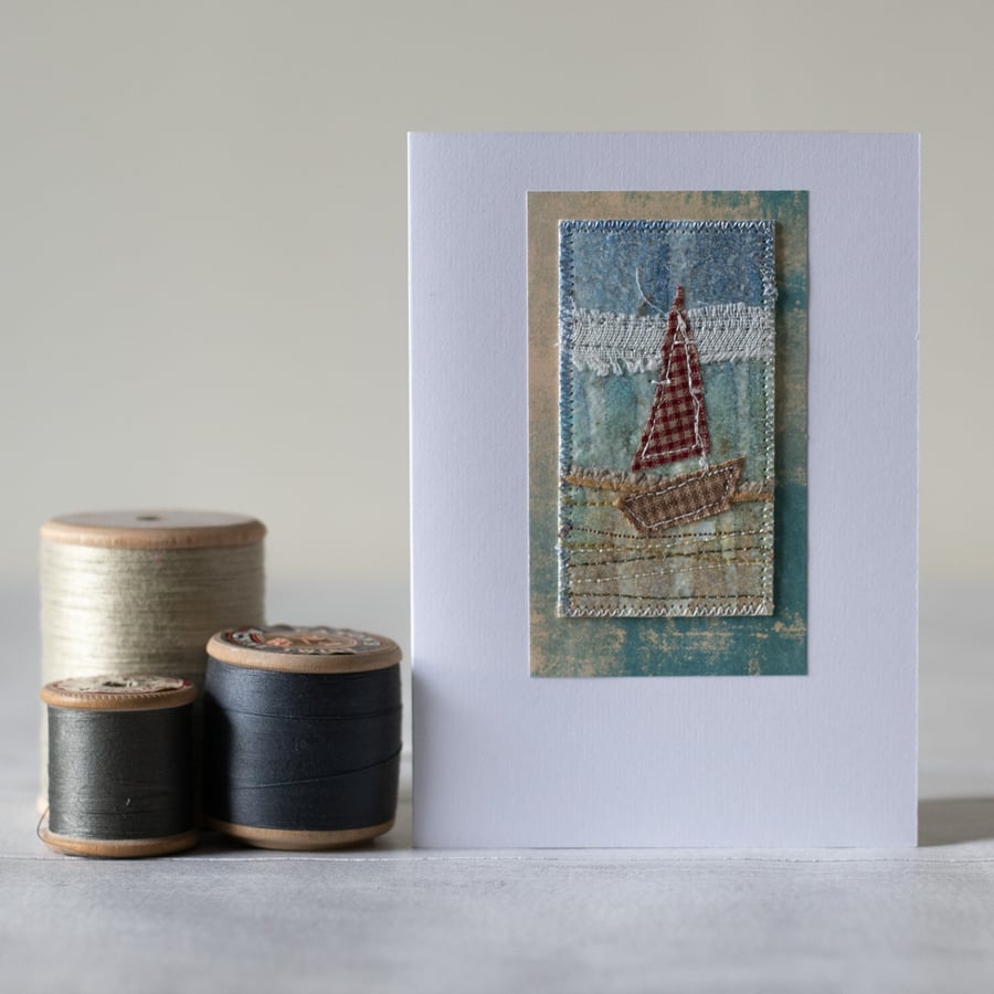 Blank Sailing Boat Mixed Media Textile Greetings Card 