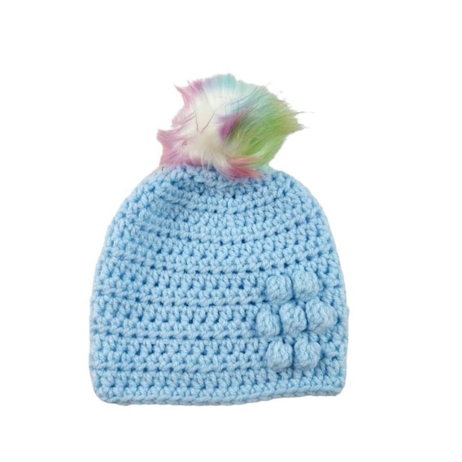 Crocheted Baby Pompom Hat, Blue Faux Fur, Bobble Flower Detail, 0-3 Months