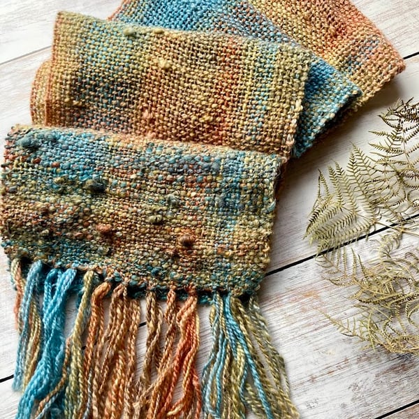 Hand dyed, spun and woven scarf Seashore