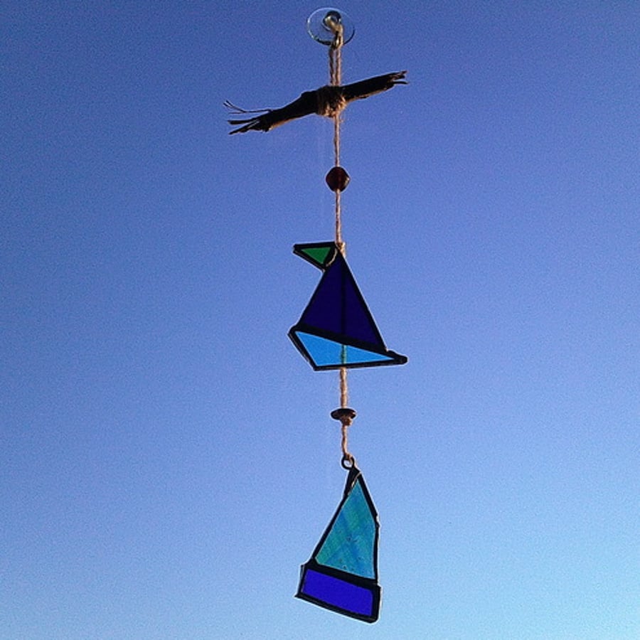 Turquoise and Blue Stained Glass Boats Mobile