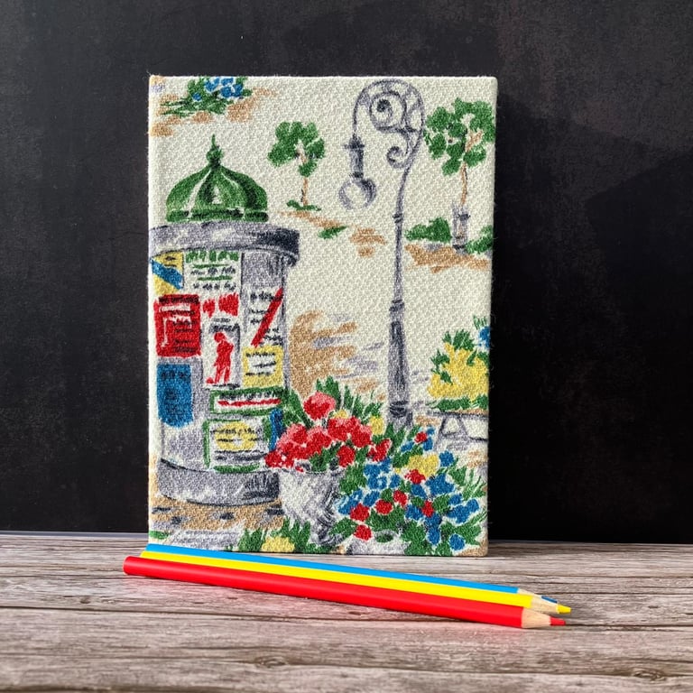 Handbound A5 1940's Vintage Barkcloth Sketchbook, Journal, Paris, Spring, Red