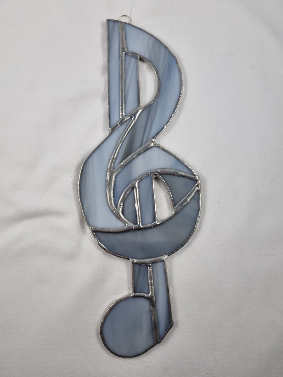 534 Stained Glass grey Music Clef - handmade hanging decoration.