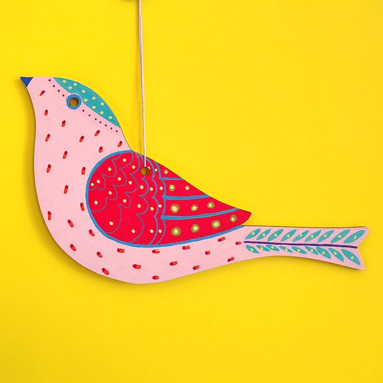 Hand painted wooden bird hanging, pink bird wall art, hanging decoration