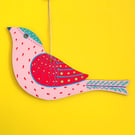 Hand painted wooden bird hanging, pink bird wall art, hanging decoration