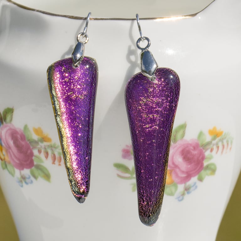Deep Pink Dichroic Glass Earrings on Sterling Silver Wires - 2520