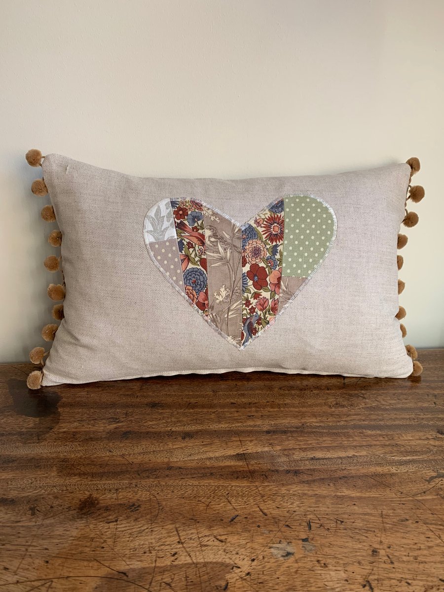 Patchwork and linen heart cushion cover