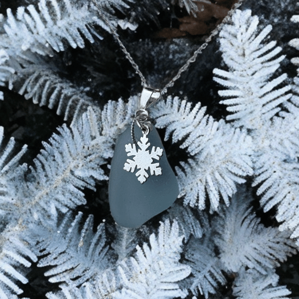 Sea glass snowflake necklace. Aquamarine in colour, smooth and frosted  seaglass