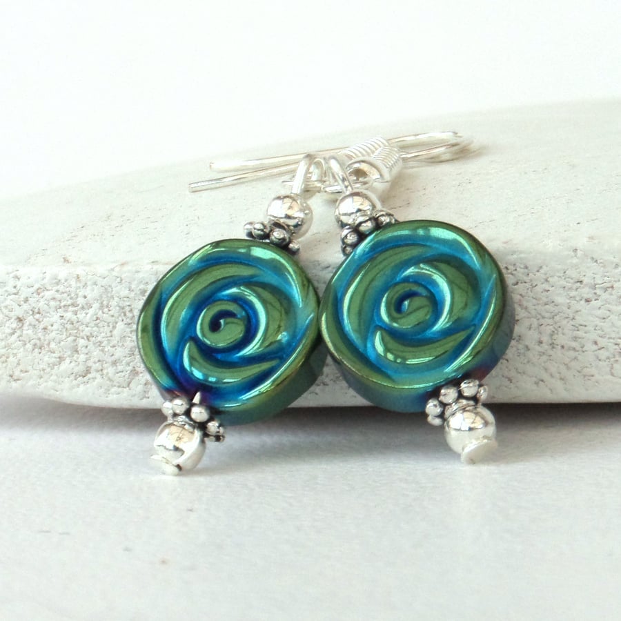 Green-blue hematite earrings
