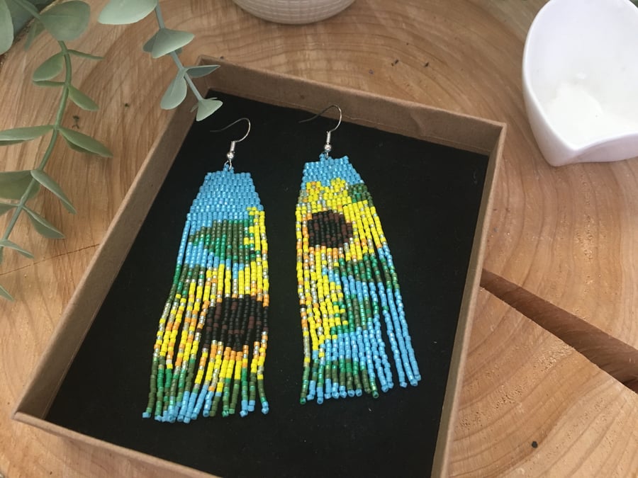 Beaded fringe earrings, Sunflower design, hand beaded 