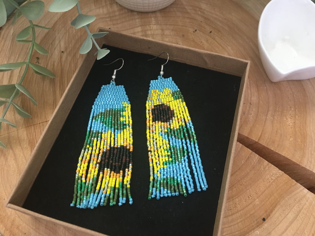 Beaded fringe earrings, Sunflower design, boho dangle fringe earrings, gift her