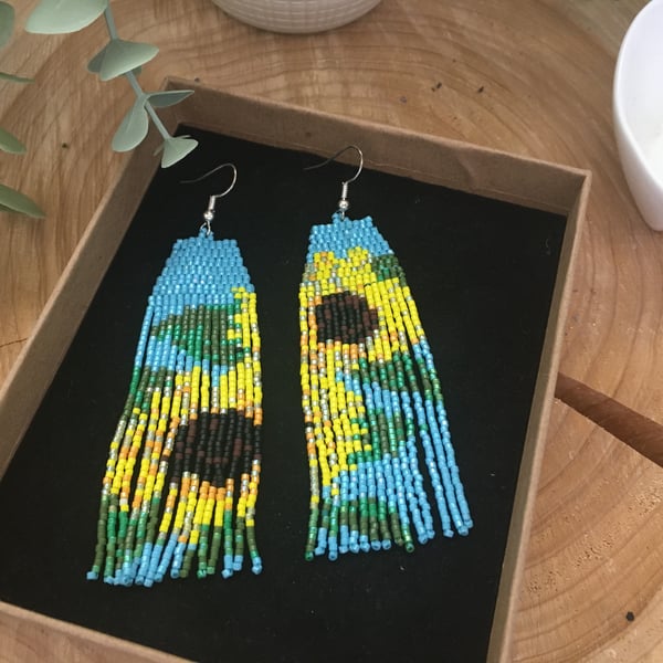 Beaded fringe earrings, Sunflower design, hand beaded 