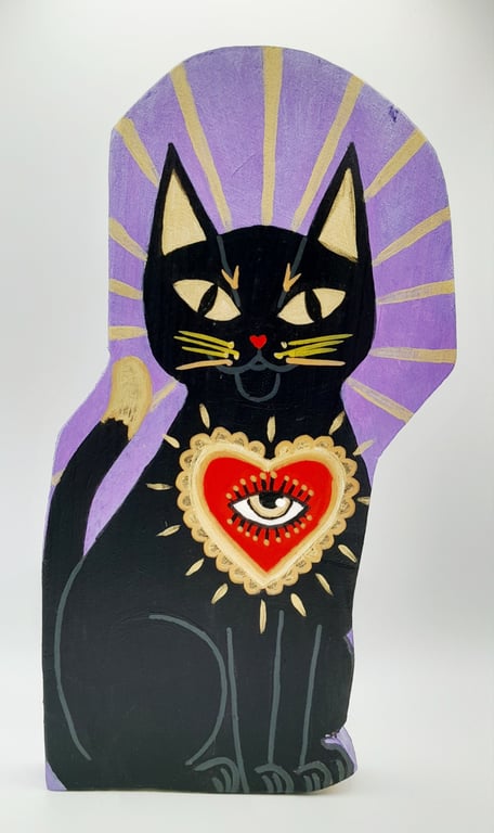 Hand Painted Black Cat Familiar Folk Art on Reclaimed Wood Witchy Home Decor