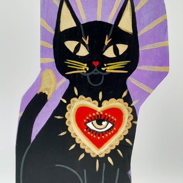 Black Cat Familiar Folk Art on Reclaimed Wood Witchy Home Decor Hand Painted